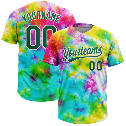 Custom Tie Dye Kelly Green-White 3D Rainbow Two-Button Unisex Softball Jersey - Main View