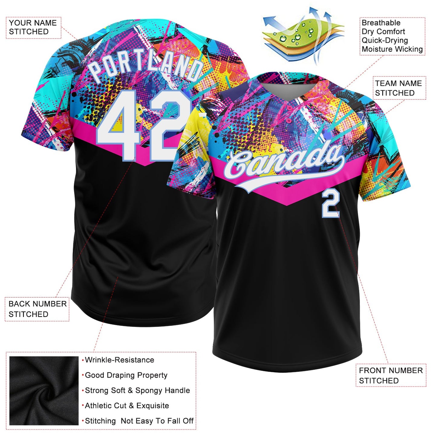 Custom Black White-Light Blue 3D Pattern Two-Button Unisex Softball Jersey view 3