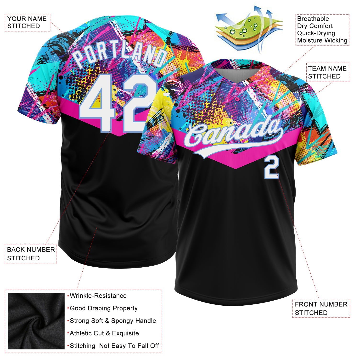 Custom Black White-Light Blue 3D Pattern Two-Button Unisex Softball Jersey view 3