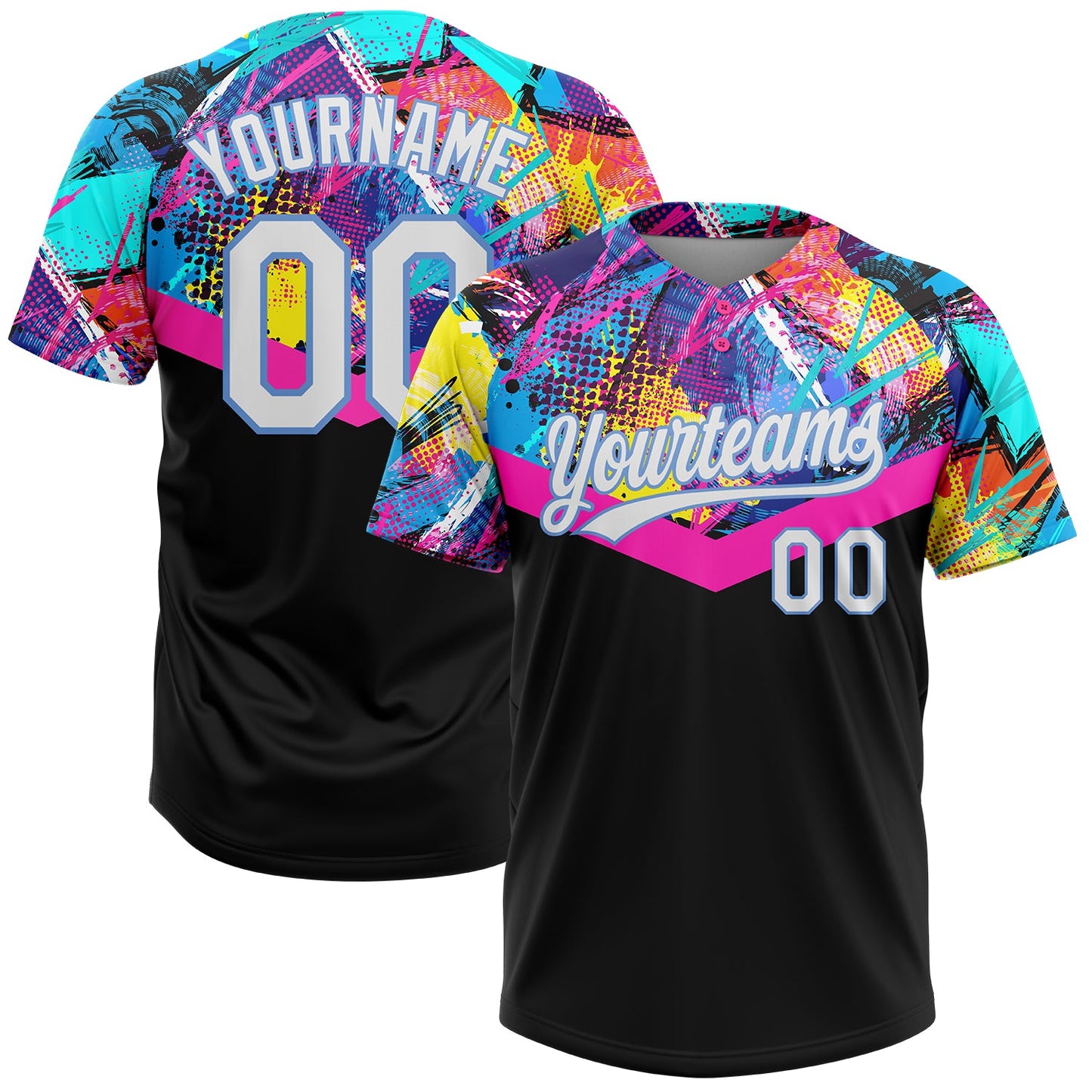Custom Black White-Light Blue 3D Pattern Two-Button Unisex Softball Jersey - Main View