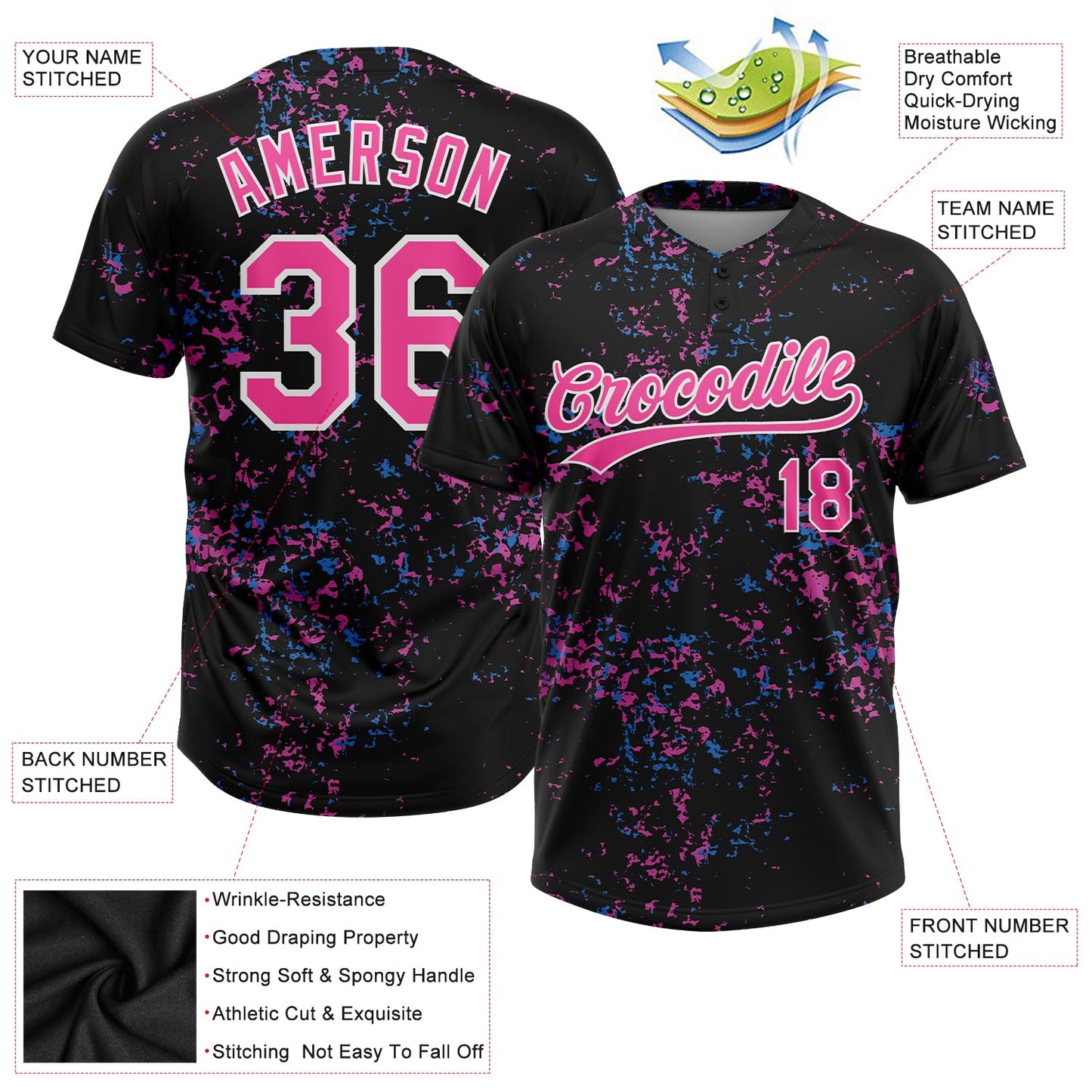 Custom Black Pink-White 3D Pattern Two-Button Unisex Softball Jersey view 3