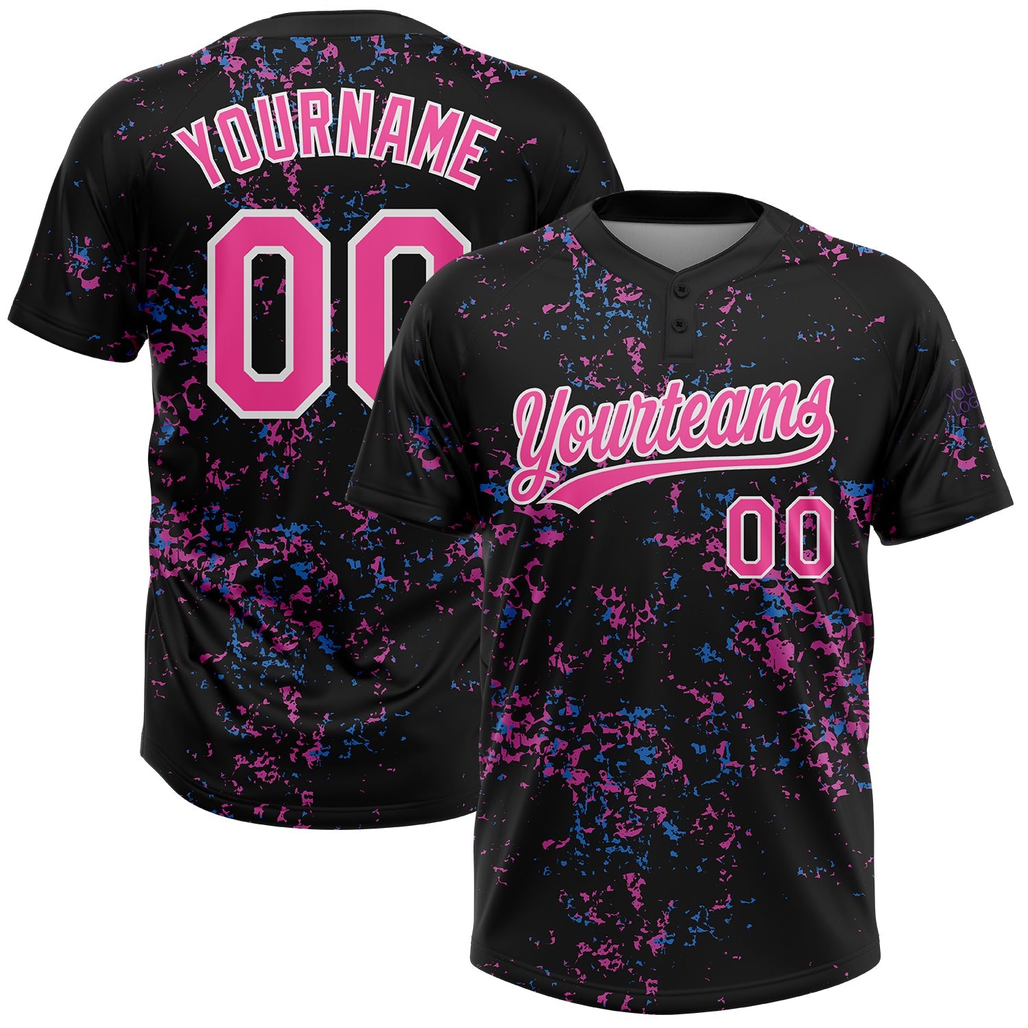 Custom Black Pink-White 3D Pattern Two-Button Unisex Softball Jersey - Main View