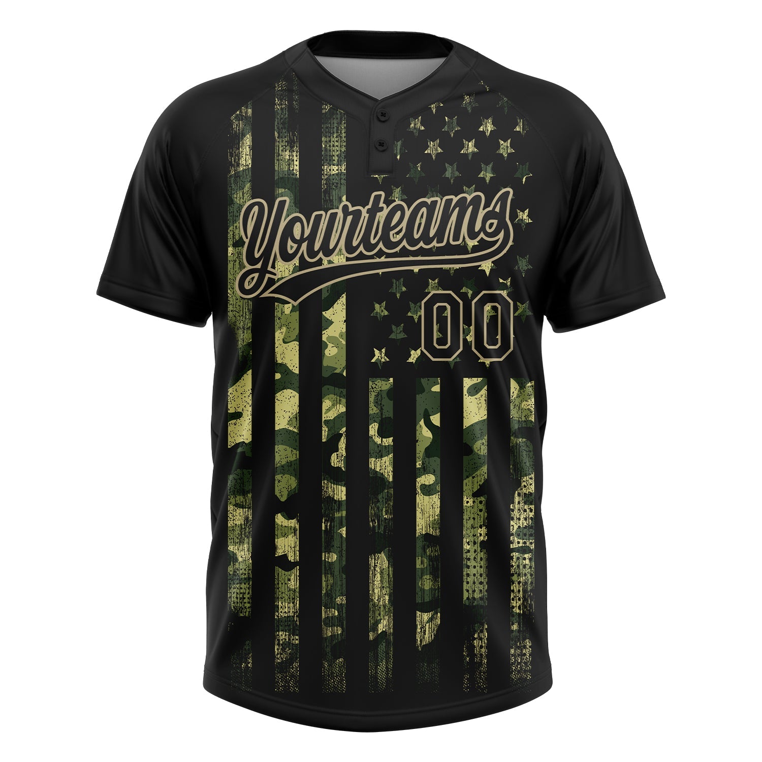 Custom Camo Black-Old Gold 3D American Flag Salute To Service Two-Button Unisex Softball Jersey view 2