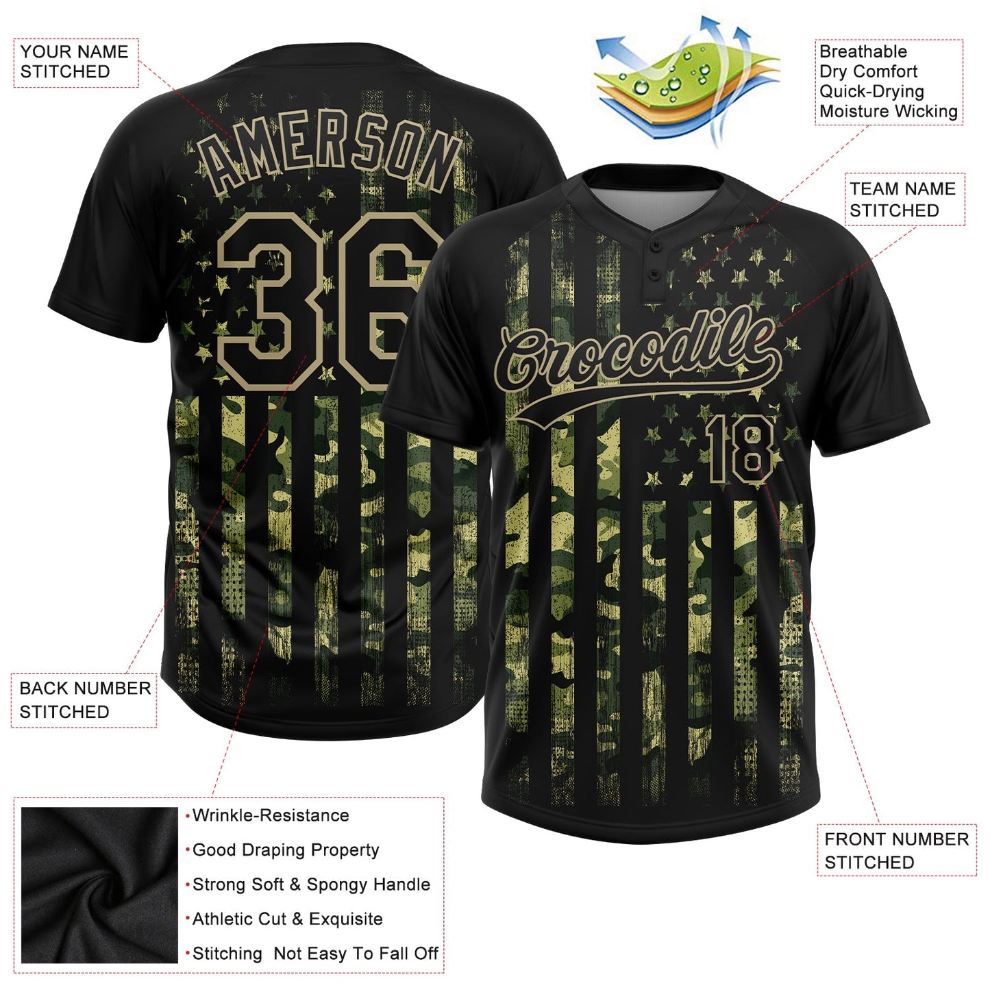 Custom Camo Black-Old Gold 3D American Flag Salute To Service Two-Button Unisex Softball Jersey view 3