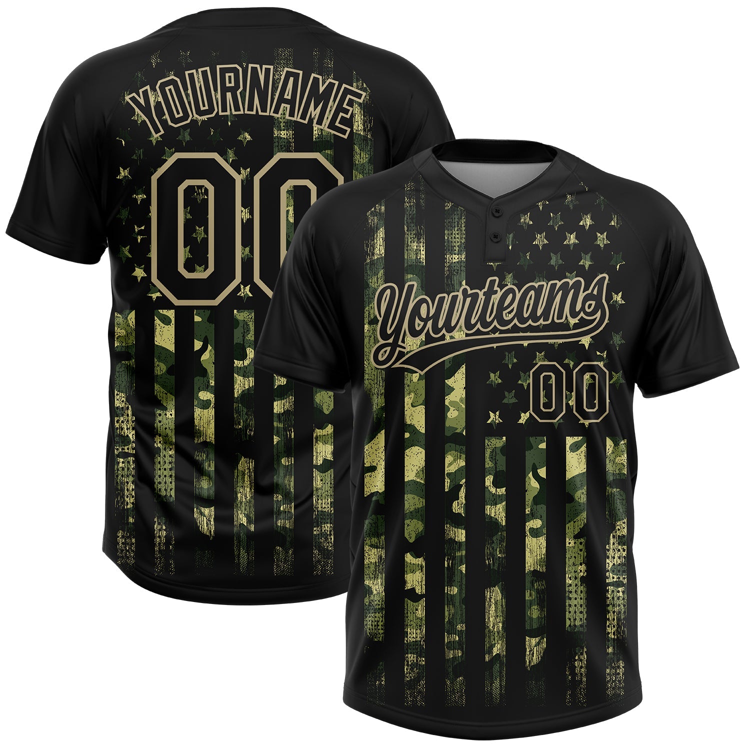 Custom Camo Black-Old Gold 3D American Flag Salute To Service Two-Button Unisex Softball Jersey - Main View
