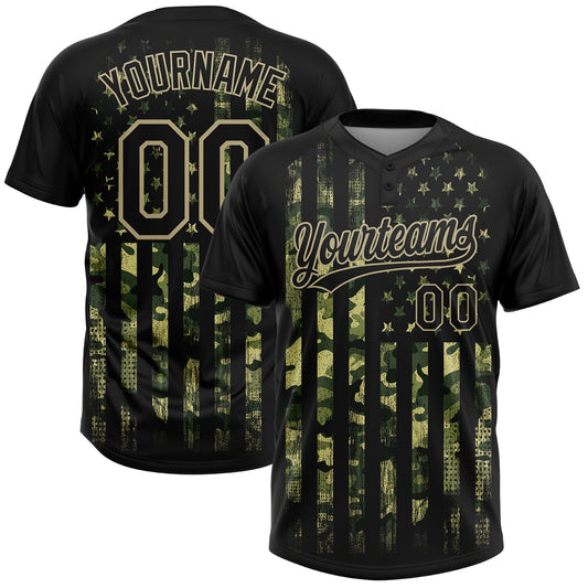 Custom Camo Black-Old Gold 3D American Flag Salute To Service Two-Button Unisex Softball Jersey - Main View