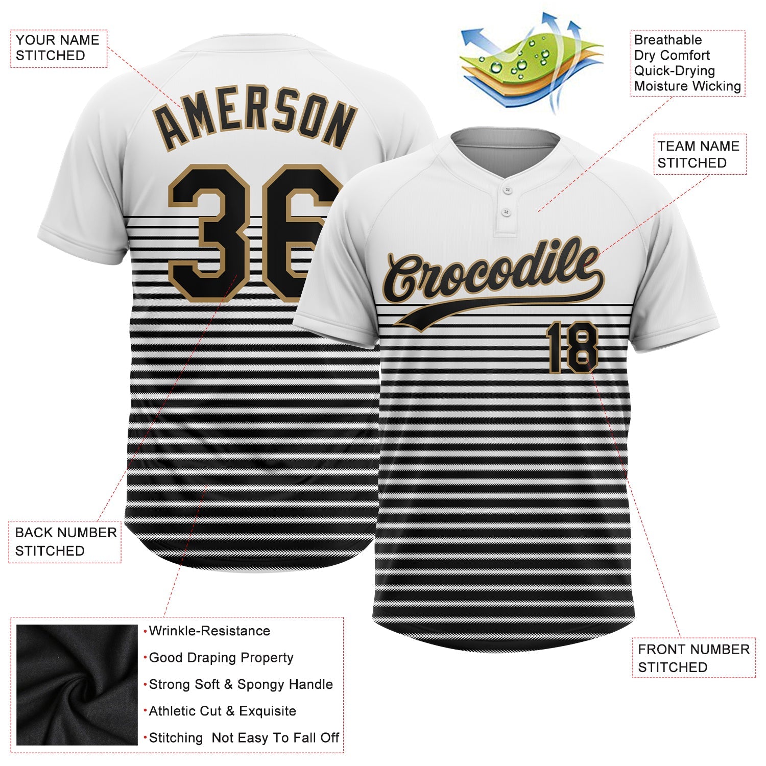 Custom White Black-Old Gold 3D Pattern Two-Button Unisex Softball Jersey view 3