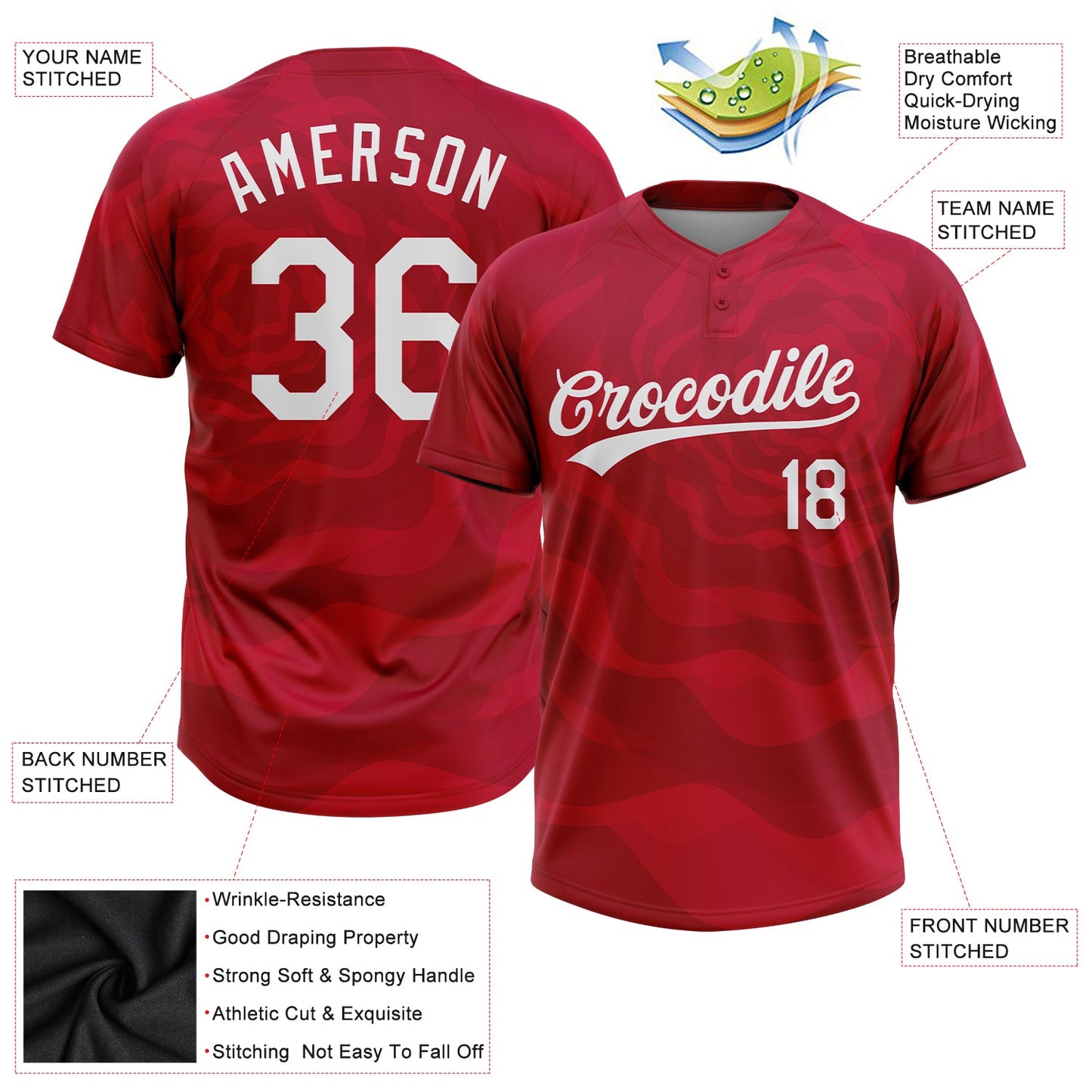 Custom Red White 3D Pattern Two-Button Unisex Softball Jersey view 3