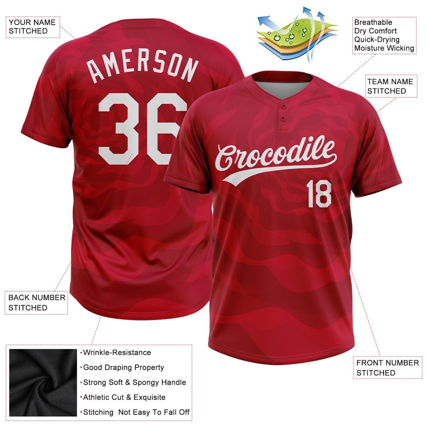 Custom Red White 3D Pattern Two-Button Unisex Softball Jersey view 3