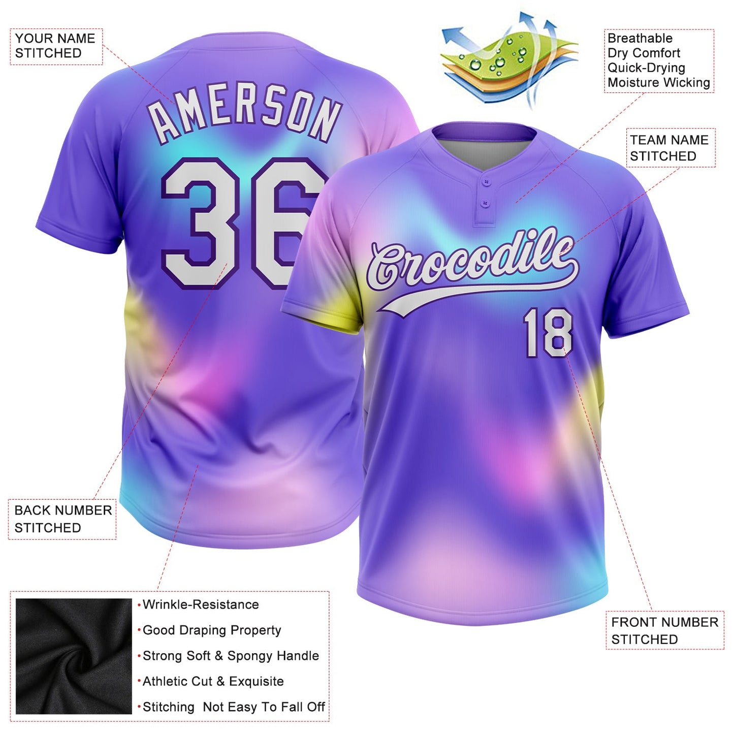 Custom Purple White-Pink 3D Pattern Two-Button Unisex Softball Jersey view 3
