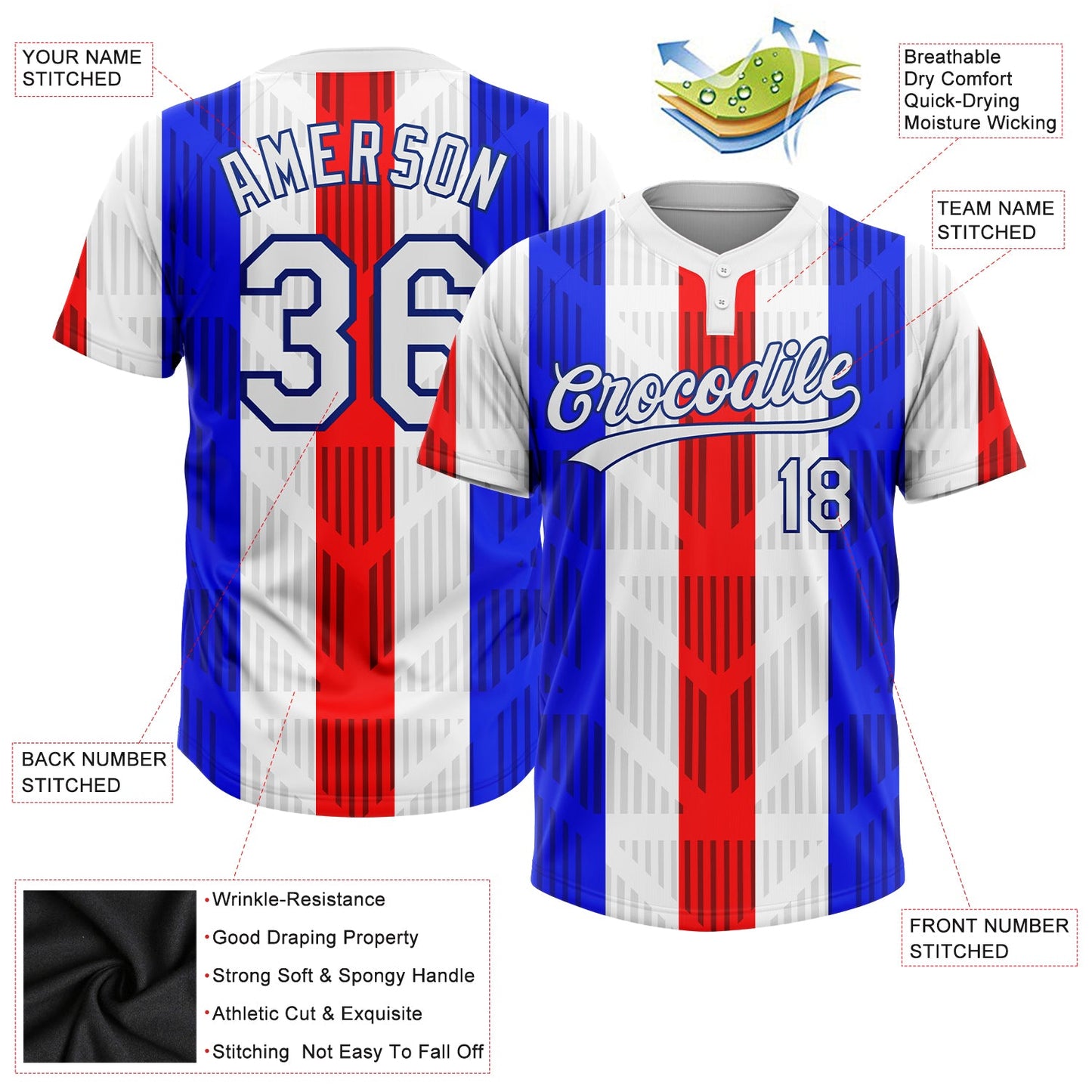 Custom Red White-Royal 3D Pattern Two-Button Unisex Softball Jersey view 3