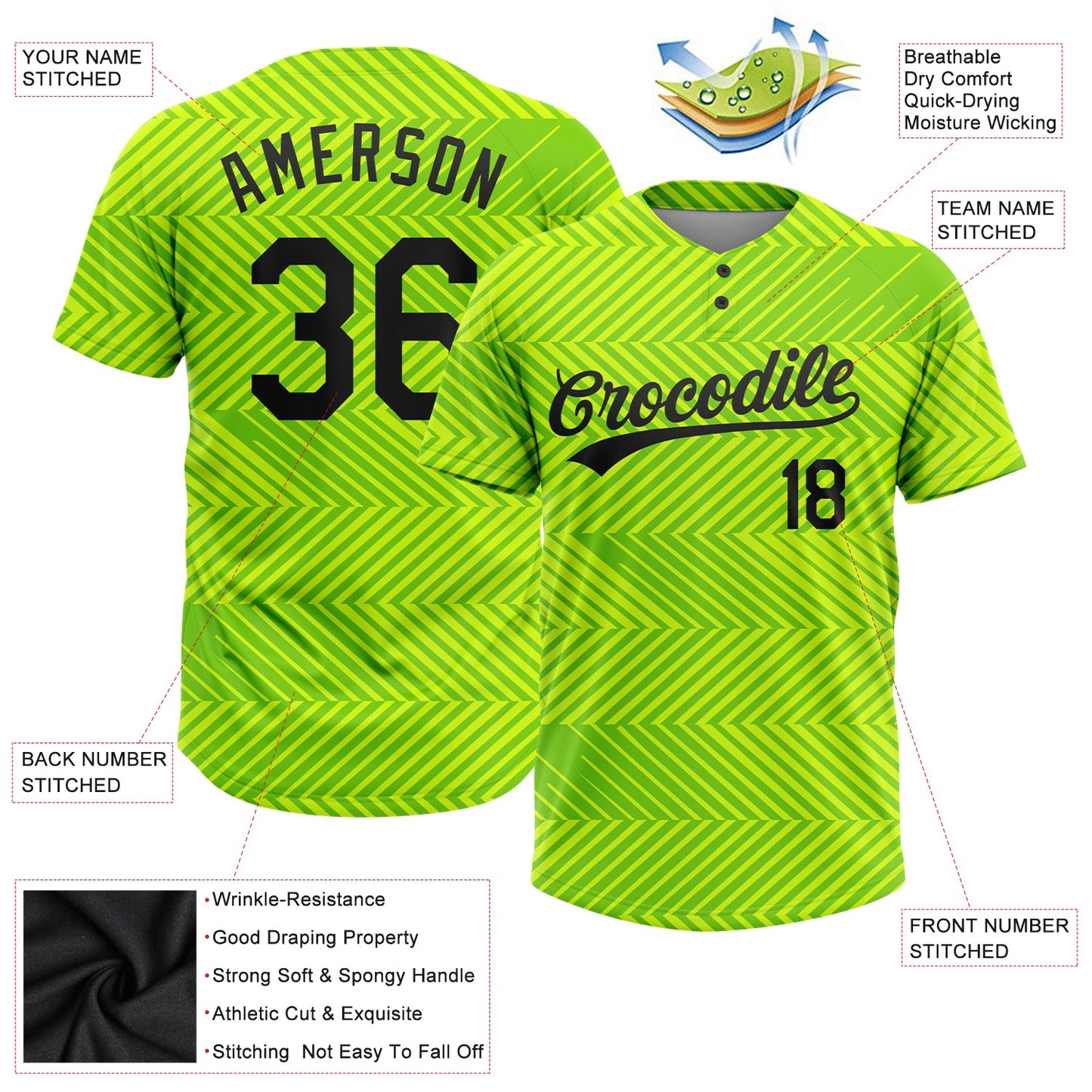 Custom Neon Green Black 3D Pattern Two-Button Unisex Softball Jersey view 3