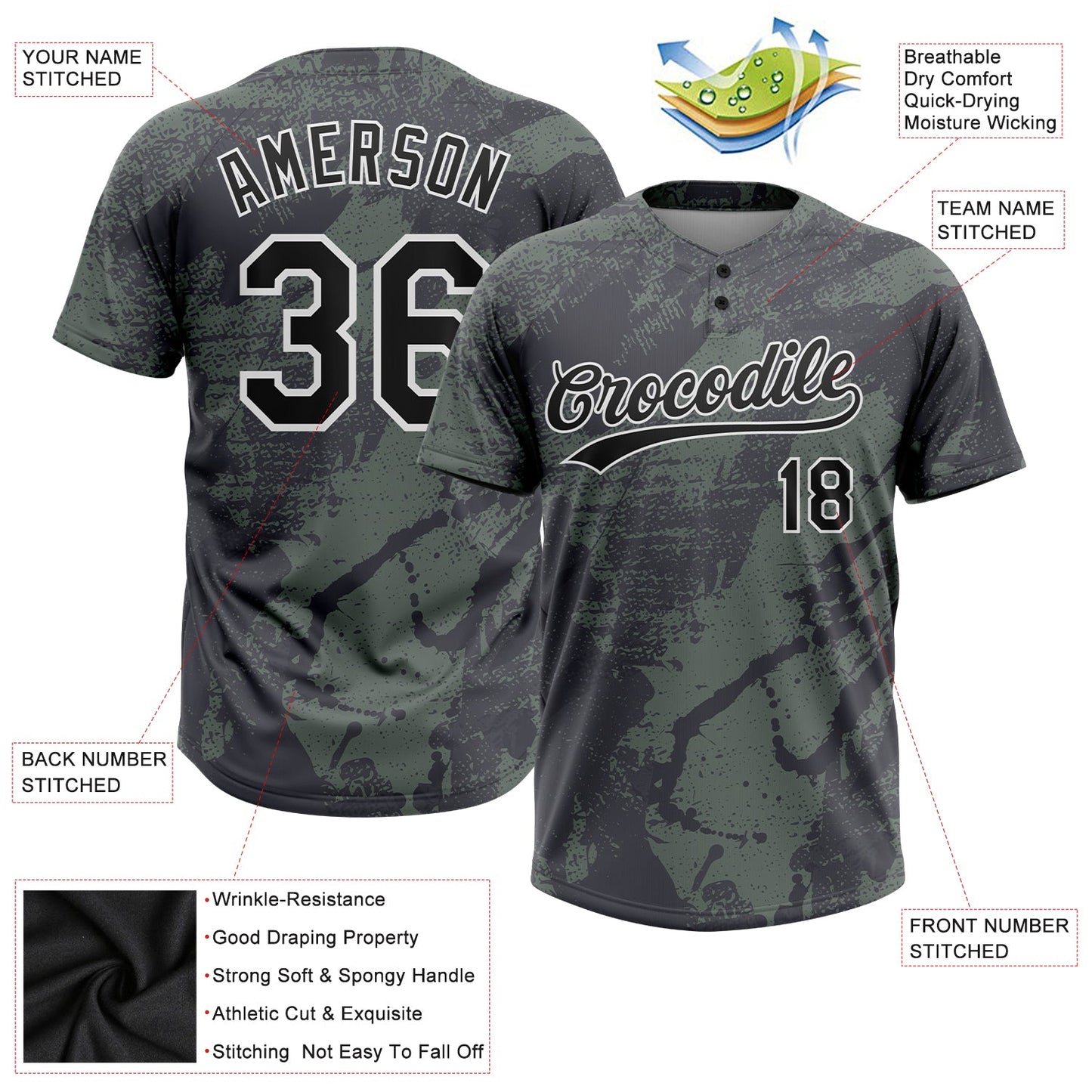 Custom Olive Black-White 3D Pattern Salute To Service Two-Button Unisex Softball Jersey view 3