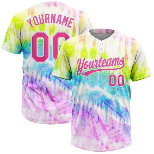Custom Tie Dye Pink-Purple 3D Rainbow Two-Button Unisex Softball Jersey - Main View
