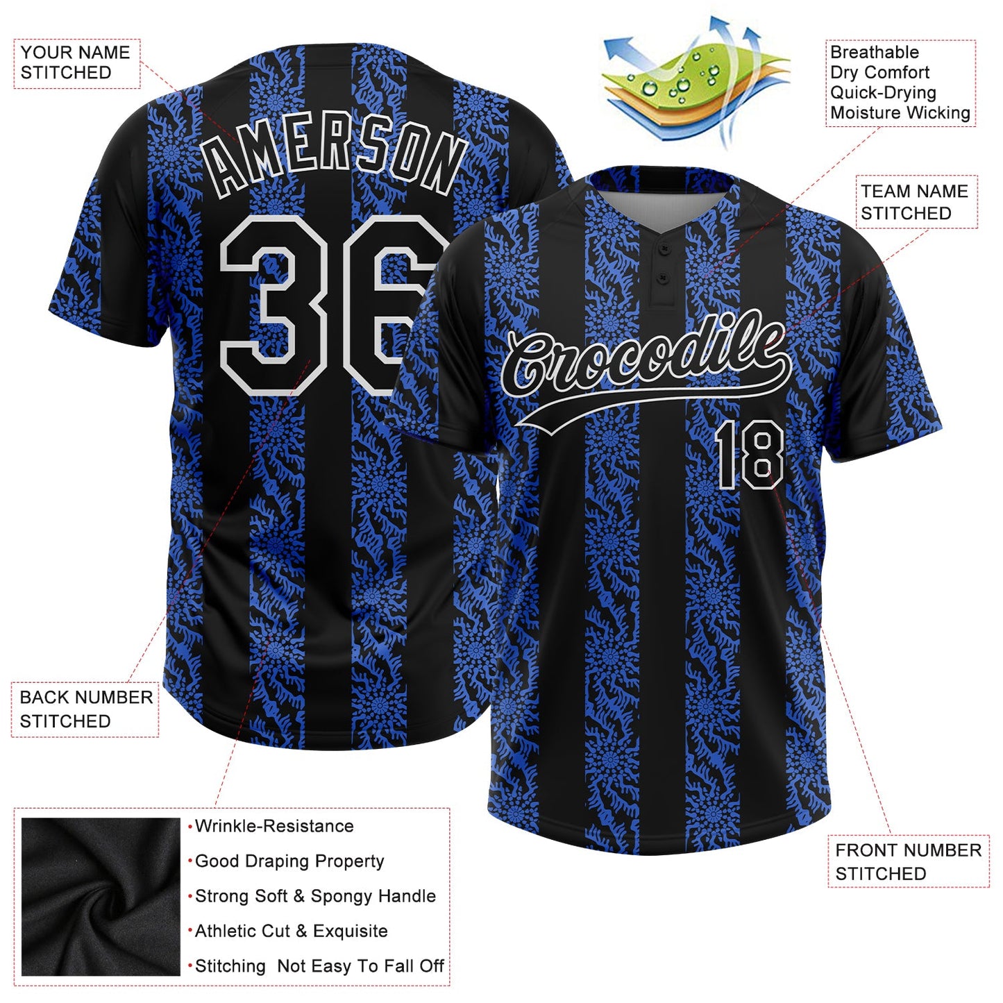 Custom Royal Black-White 3D Pattern Two-Button Unisex Softball Jersey view 3