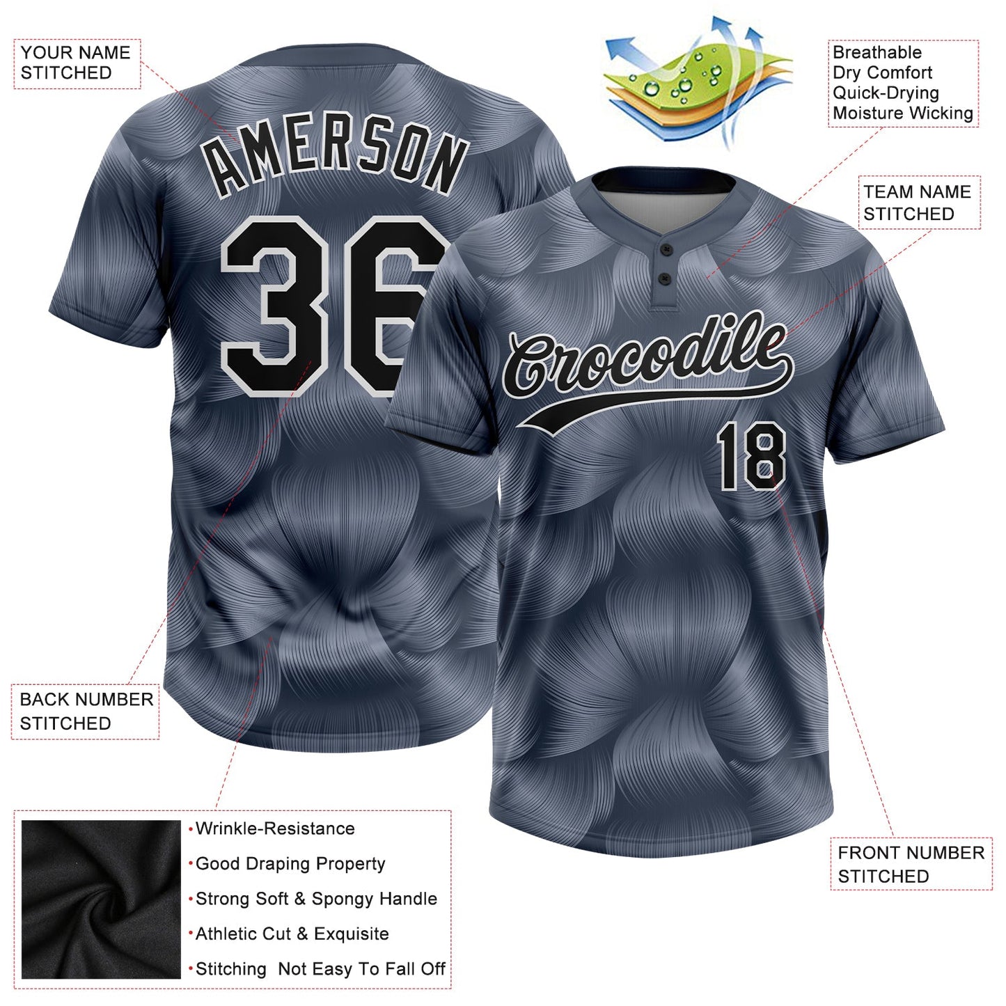 Custom Steel Gray Black-White 3D Pattern Two-Button Unisex Softball Jersey view 3