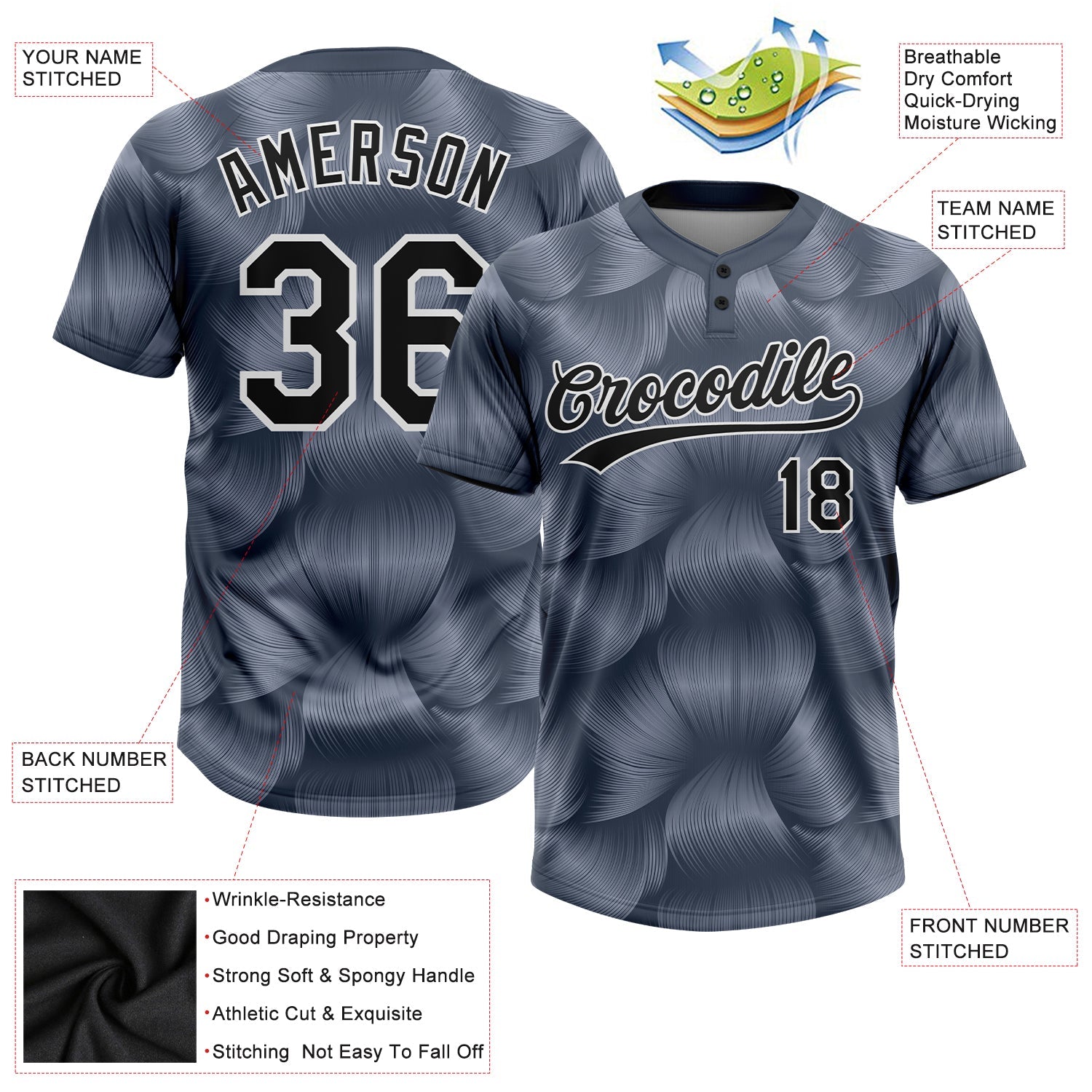 Custom Steel Gray Black-White 3D Pattern Two-Button Unisex Softball Jersey view 3