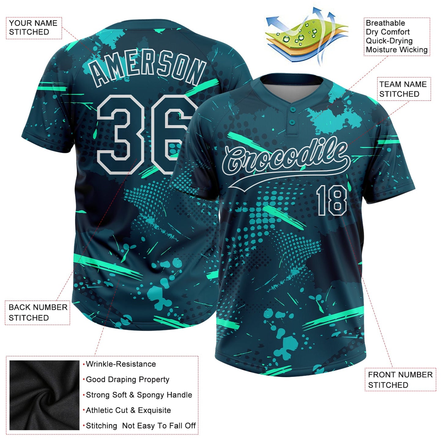 Custom Green Midnight Green-Teal 3D Pattern Two-Button Unisex Softball Jersey view 3