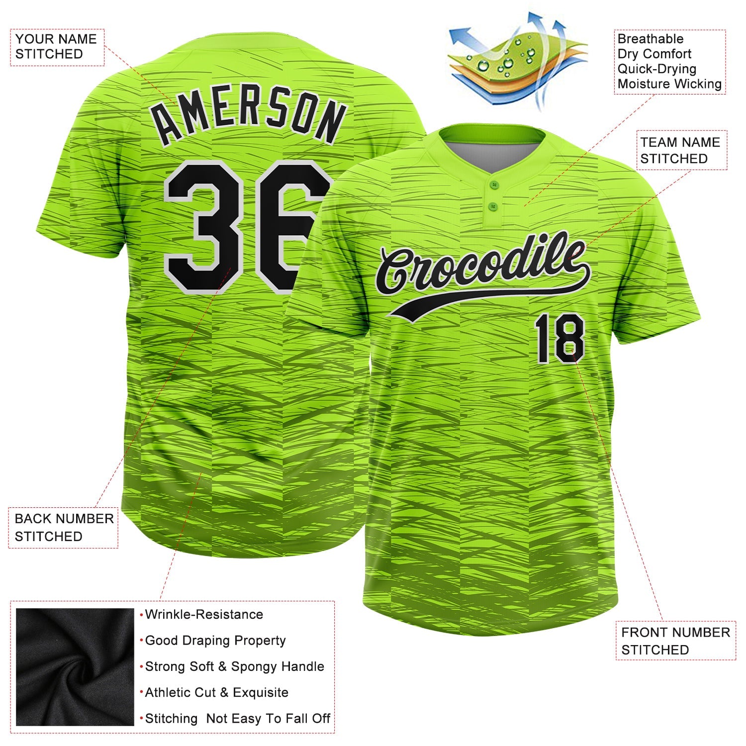 Custom Neon Green Black-White 3D Pattern Two-Button Unisex Softball Jersey view 3