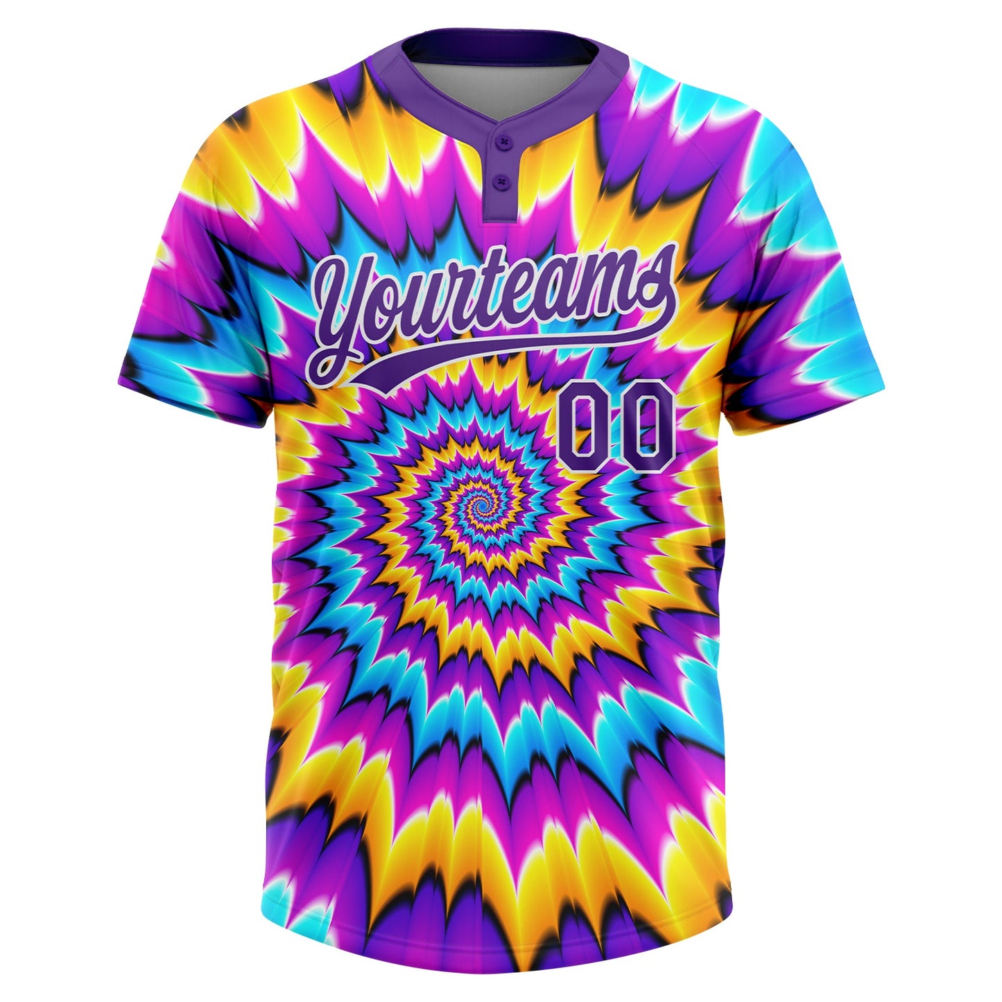 Custom Tie Dye Purple-White 3D Two-Button Unisex Softball Jersey view 2