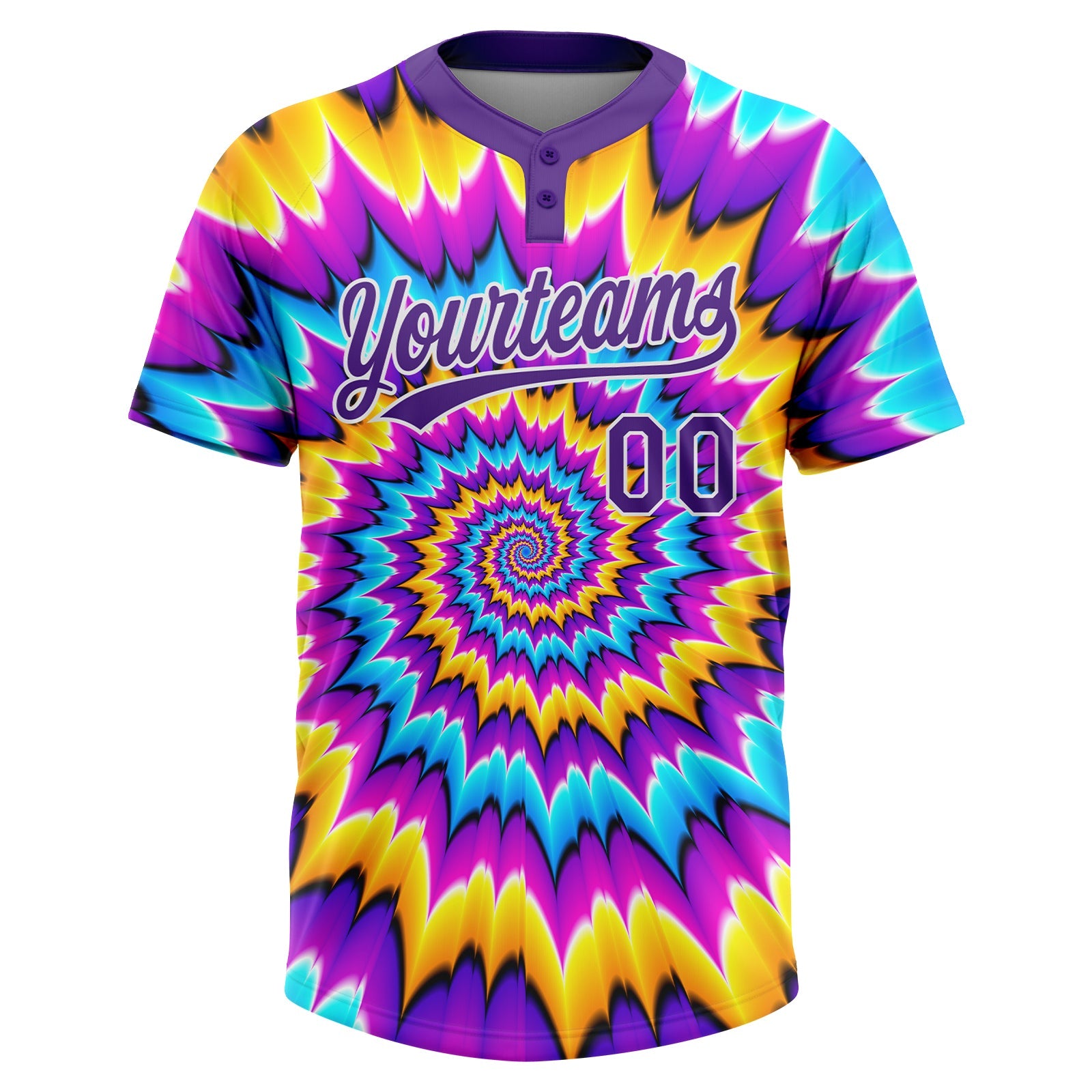Custom Tie Dye Purple-White 3D Two-Button Unisex Softball Jersey view 2