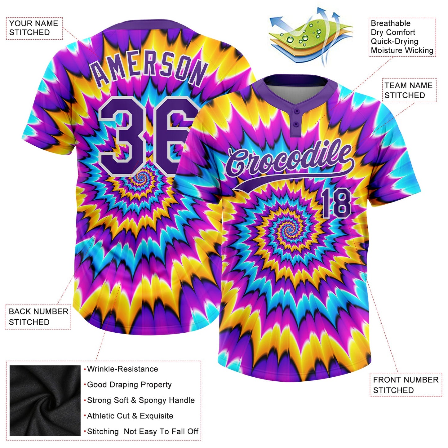 Custom Tie Dye Purple-White 3D Two-Button Unisex Softball Jersey view 3