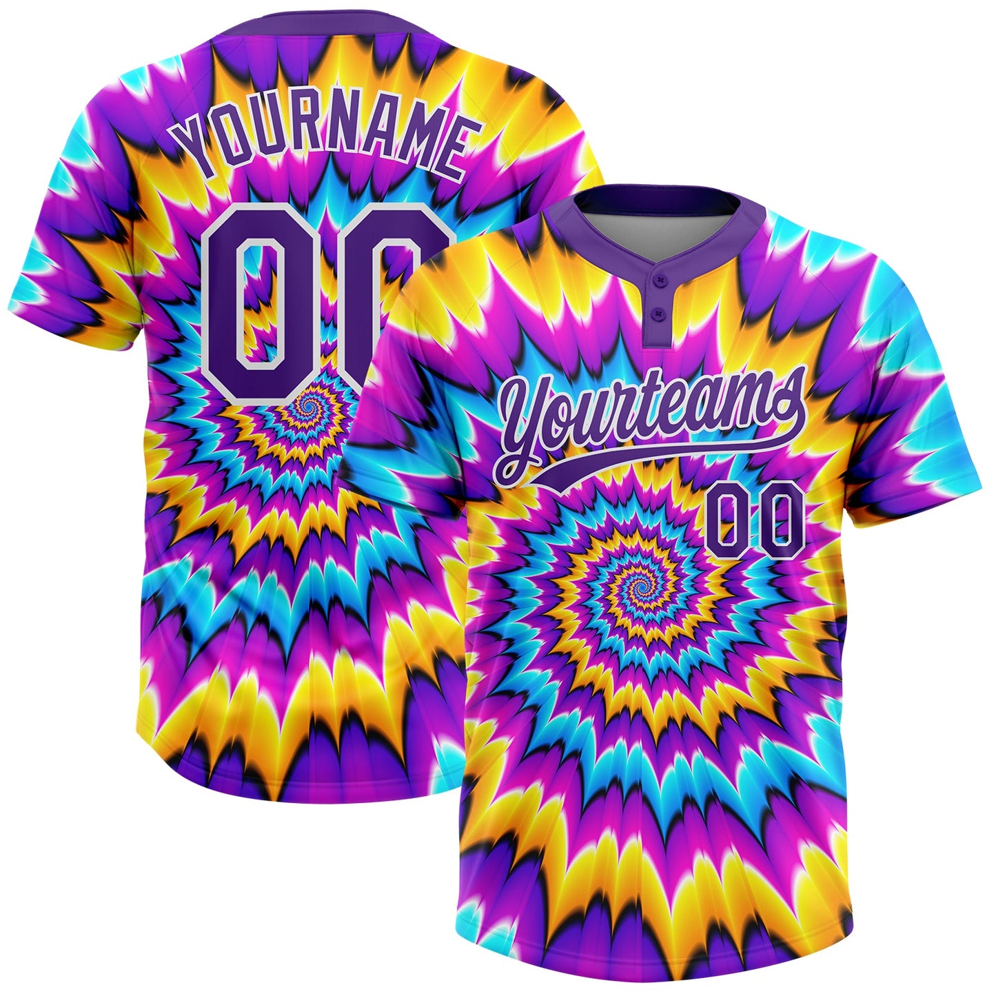 Custom Tie Dye Purple-White 3D Two-Button Unisex Softball Jersey - Main View