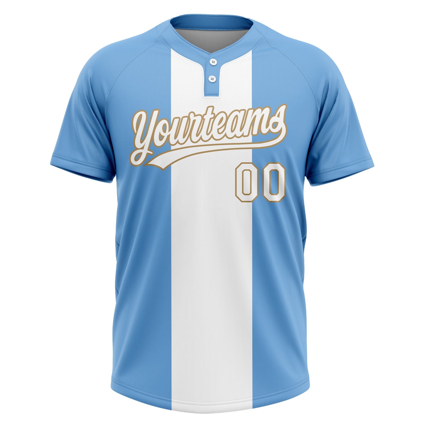 Custom Light Blue White-Old Gold 3D Pattern Two-Button Unisex Softball Jersey view 2