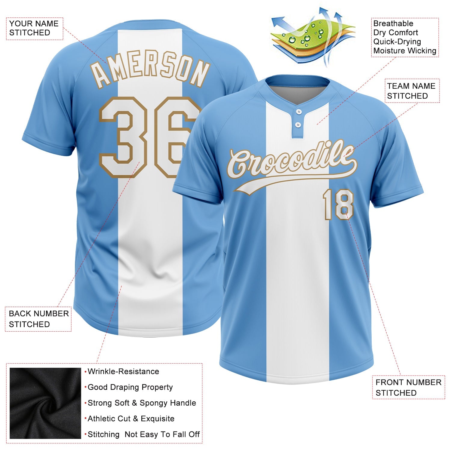 Custom Light Blue White-Old Gold 3D Pattern Two-Button Unisex Softball Jersey view 3