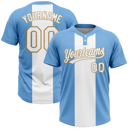 Custom Light Blue White-Old Gold 3D Pattern Two-Button Unisex Softball Jersey - Main View