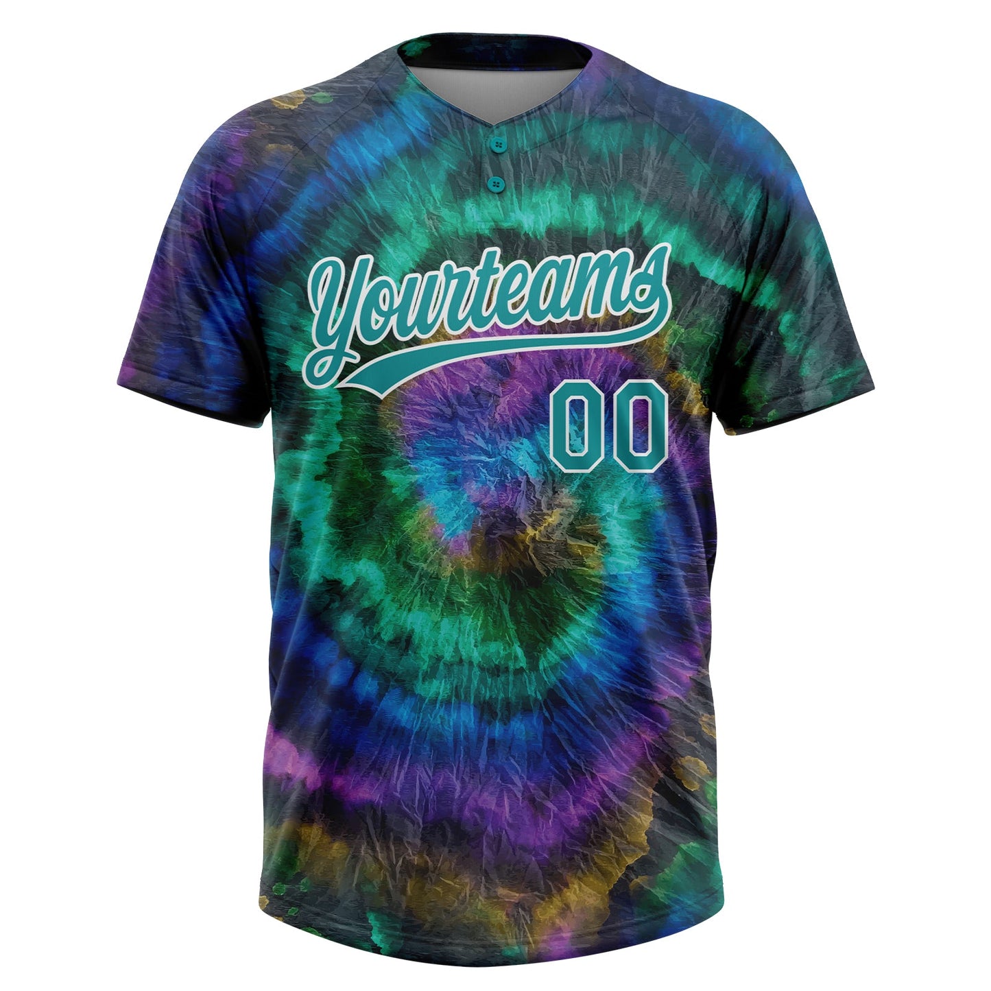 Custom Tie Dye Teal-White 3D Two-Button Unisex Softball Jersey view 2