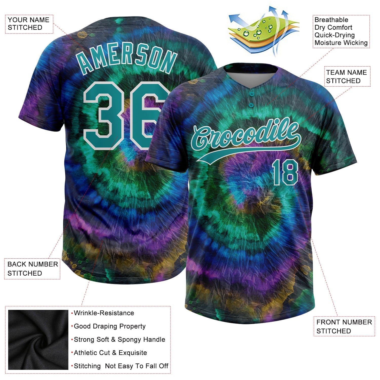 Custom Tie Dye Teal-White 3D Two-Button Unisex Softball Jersey view 3
