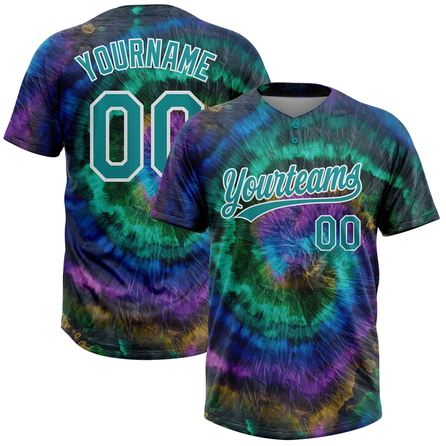 Custom Tie Dye Teal-White 3D Two-Button Unisex Softball Jersey - Main View