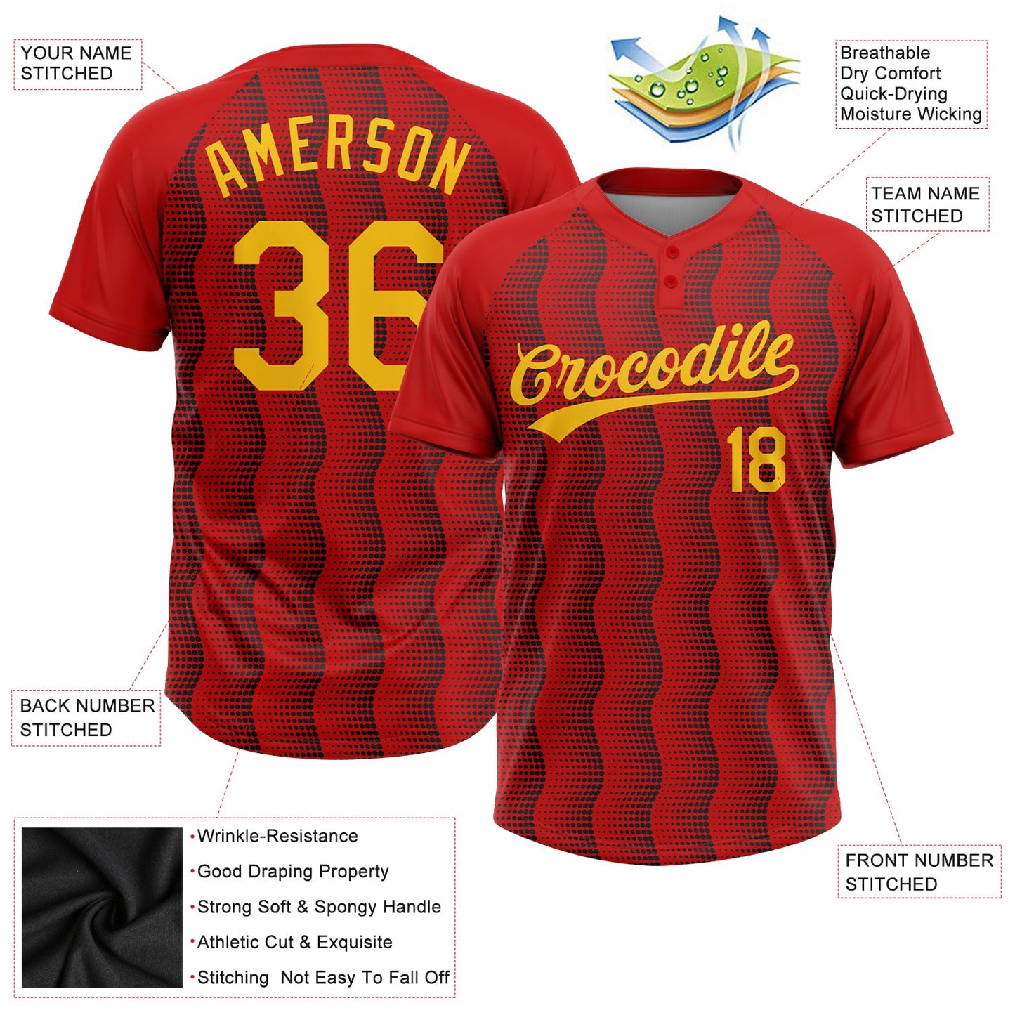 Custom Red Gold-Black 3D Pattern Two-Button Unisex Softball Jersey view 3