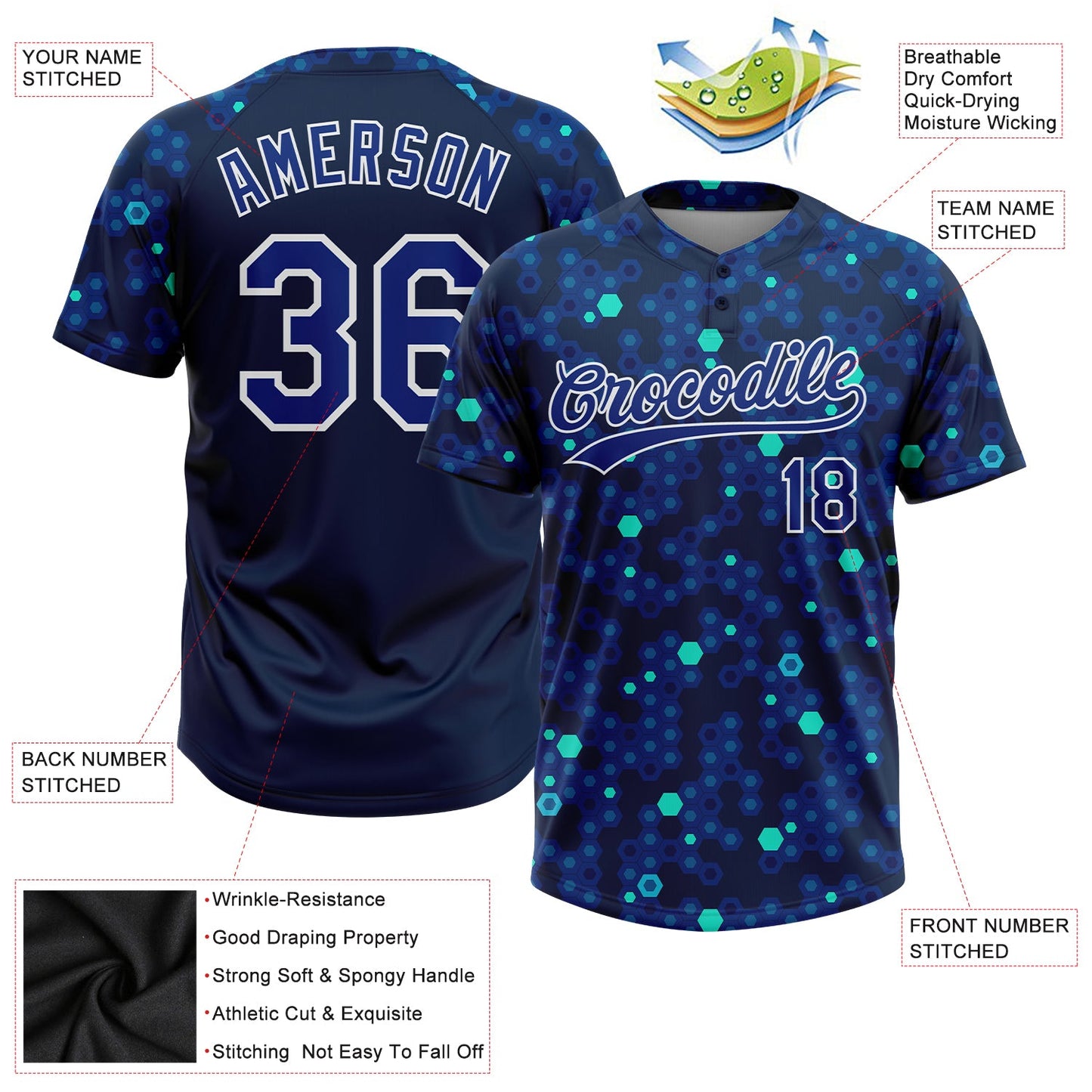 Custom Navy Royal-Light Blue 3D Pattern Two-Button Unisex Softball Jersey view 3