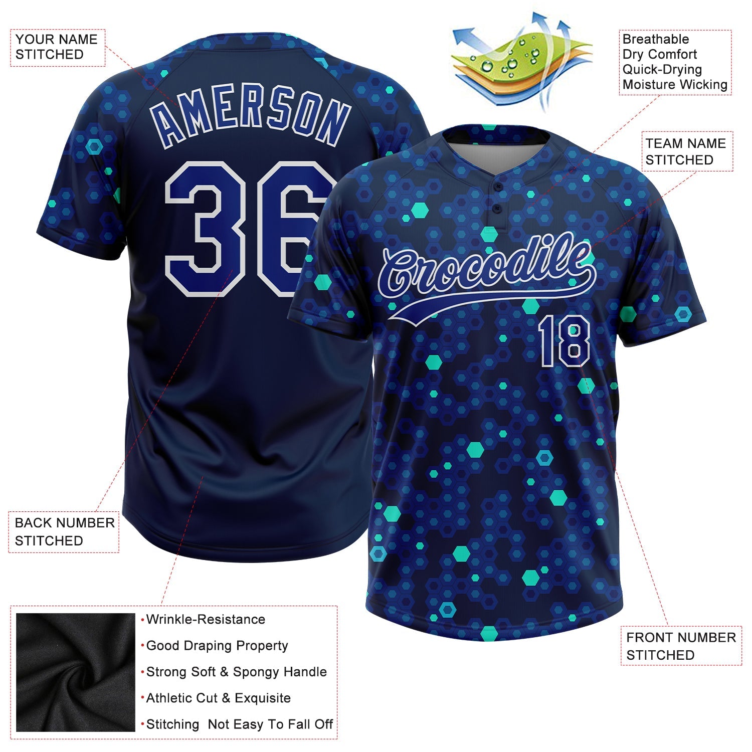 Custom Navy Royal-Light Blue 3D Pattern Two-Button Unisex Softball Jersey view 3