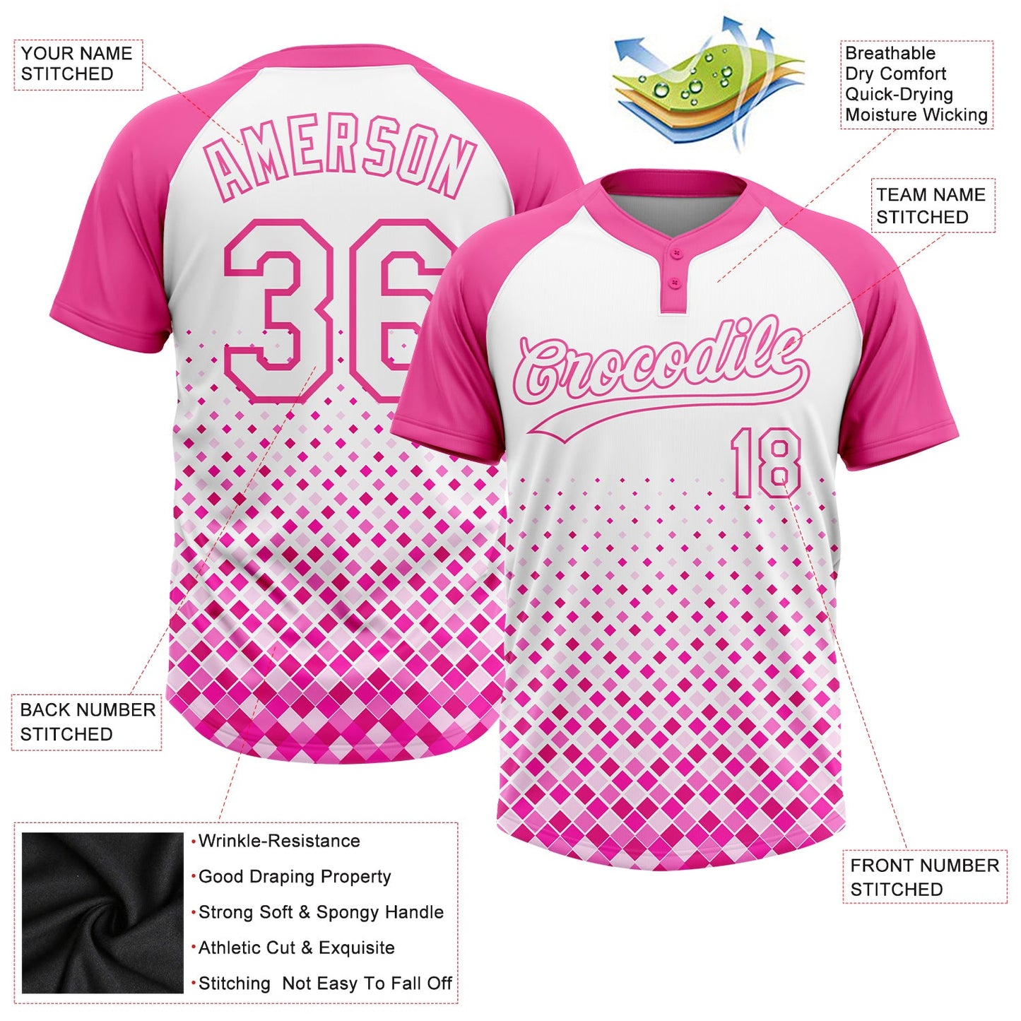 Custom Pink White 3D Pattern Two-Button Unisex Softball Jersey view 3
