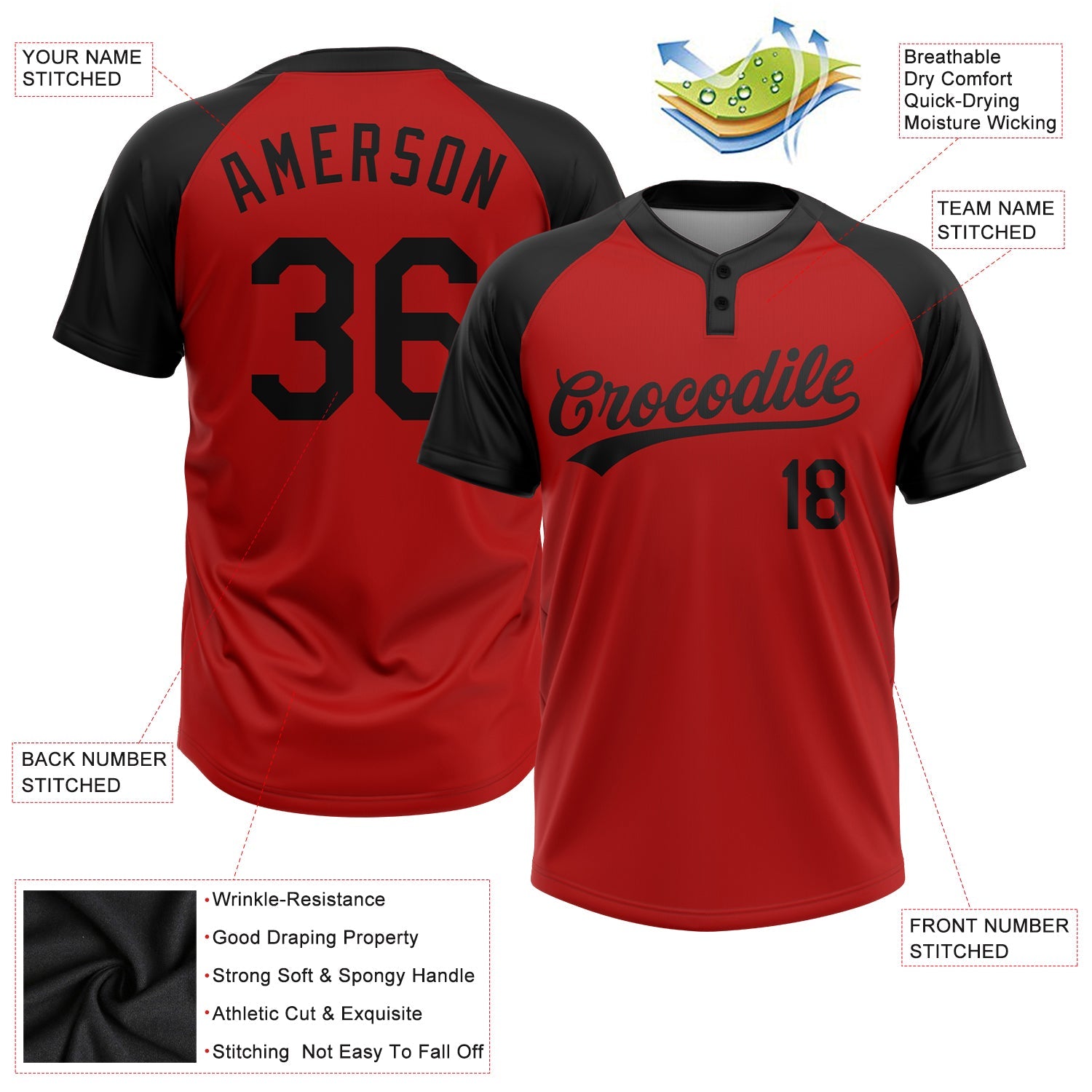 Custom Red Black Two-Button Unisex Softball Jersey view 3
