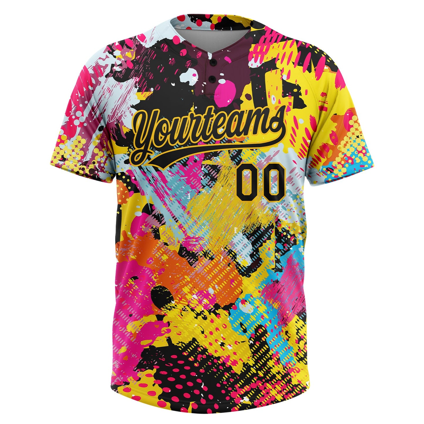 Custom Graffiti Pattern Black-Gold 3D Bright Psychedelic Two-Button Unisex Softball Jersey view 2
