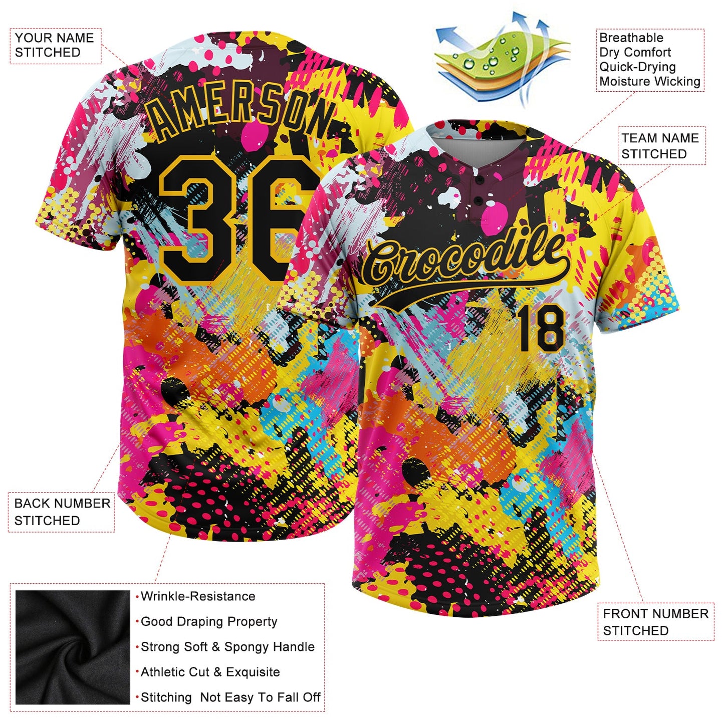 Custom Graffiti Pattern Black-Gold 3D Bright Psychedelic Two-Button Unisex Softball Jersey view 3