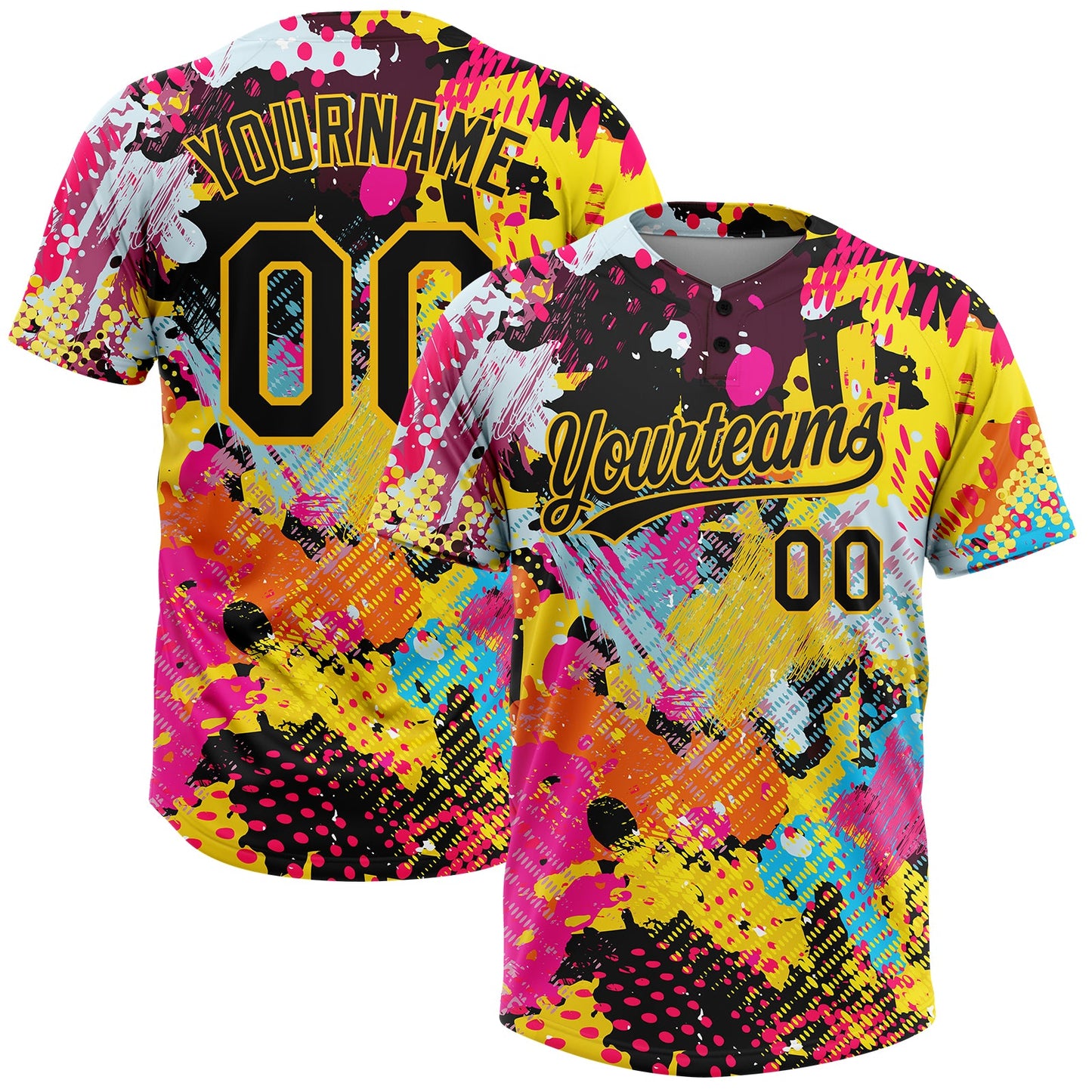 Custom Graffiti Pattern Black-Gold 3D Bright Psychedelic Two-Button Unisex Softball Jersey - Main View