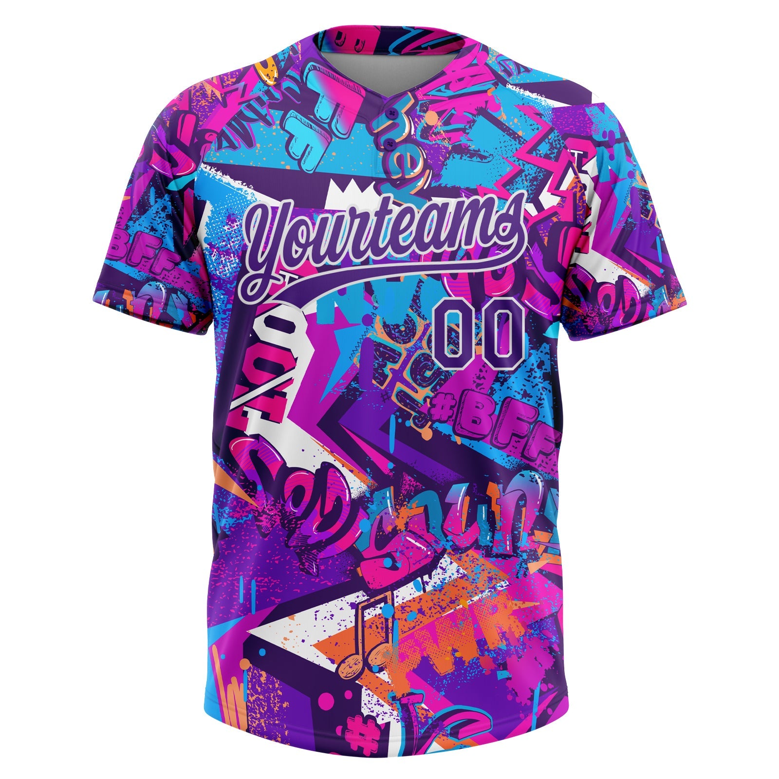 Custom Graffiti Pattern Purple-White 3D Bright Psychedelic Two-Button Unisex Softball Jersey view 2