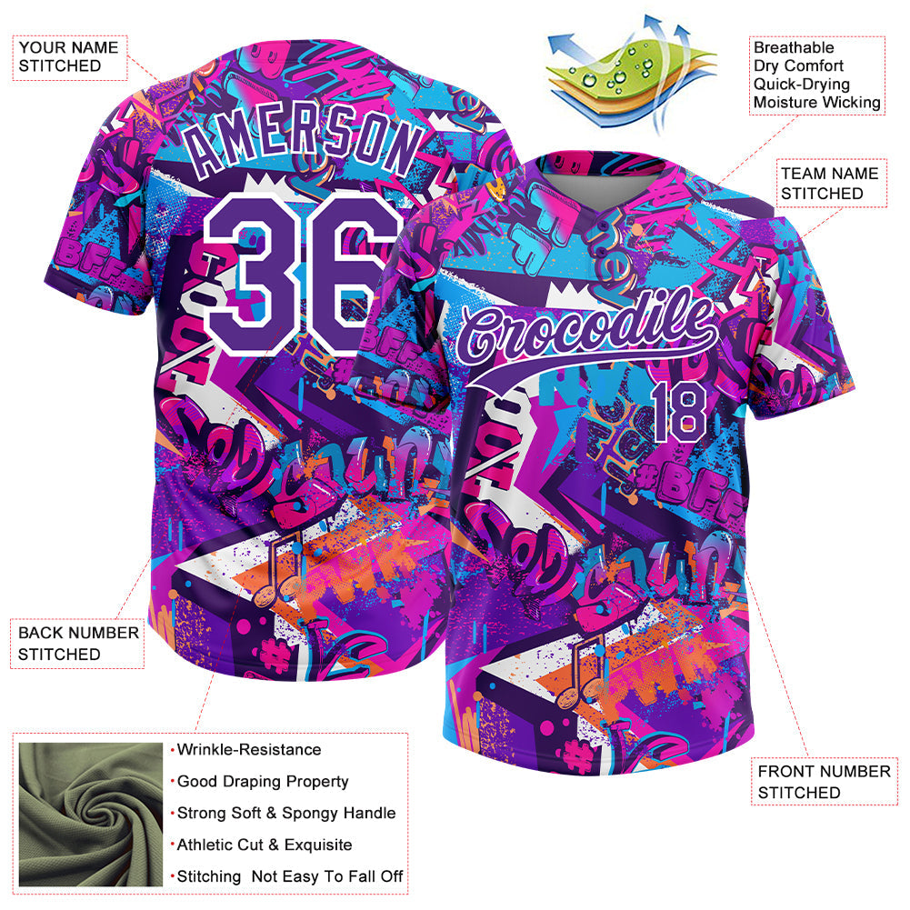 Custom Graffiti Pattern Purple-White 3D Bright Psychedelic Two-Button Unisex Softball Jersey view 3