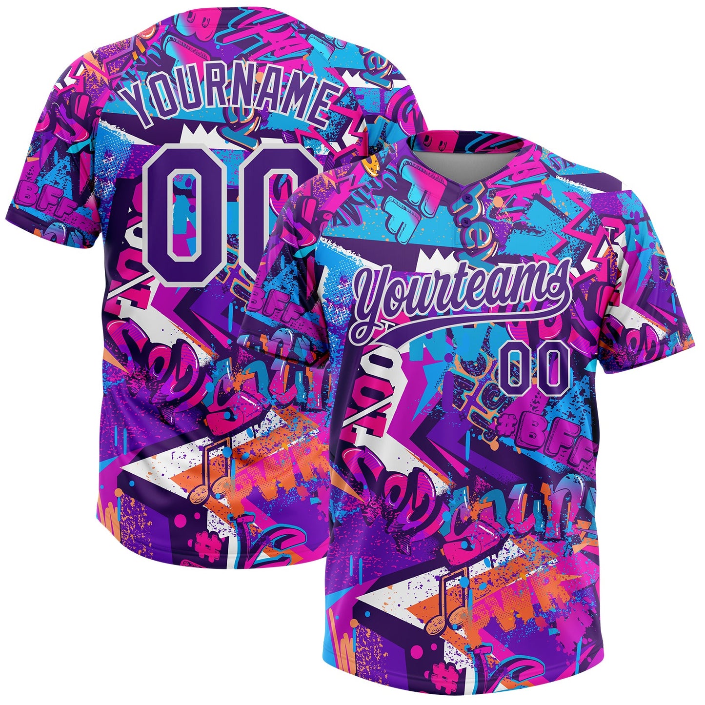 Custom Graffiti Pattern Purple-White 3D Bright Psychedelic Two-Button Unisex Softball Jersey - Main View