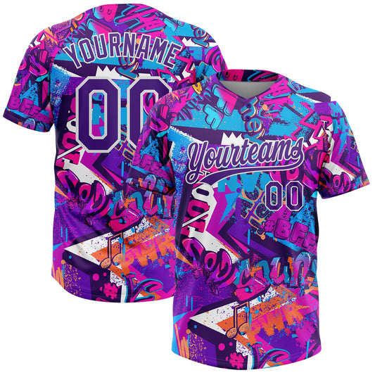 Custom Graffiti Pattern Purple-White 3D Bright Psychedelic Two-Button Unisex Softball Jersey - Main View