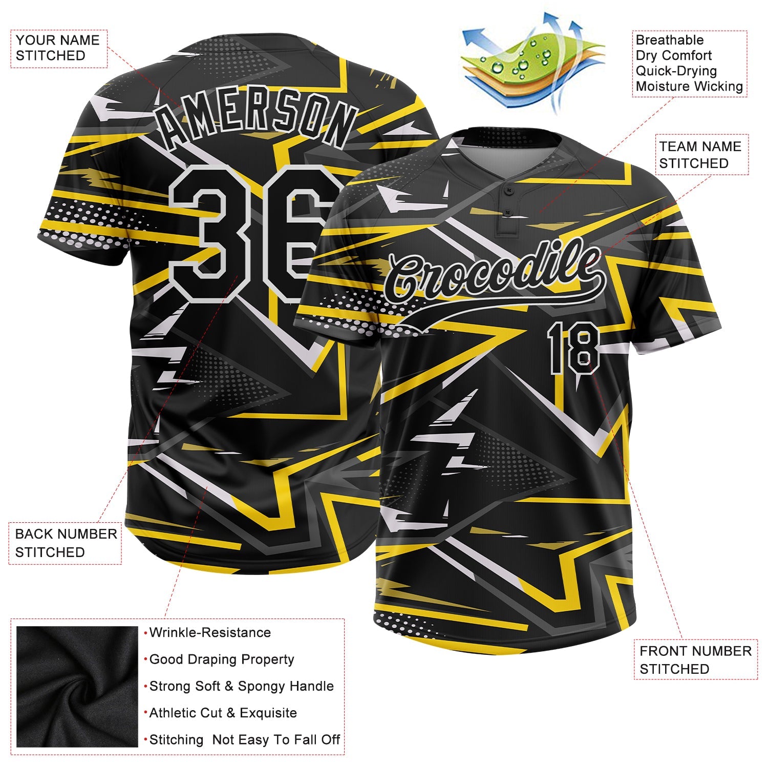 Custom Black Black-Gold 3D Pattern Two-Button Unisex Softball Jersey view 3