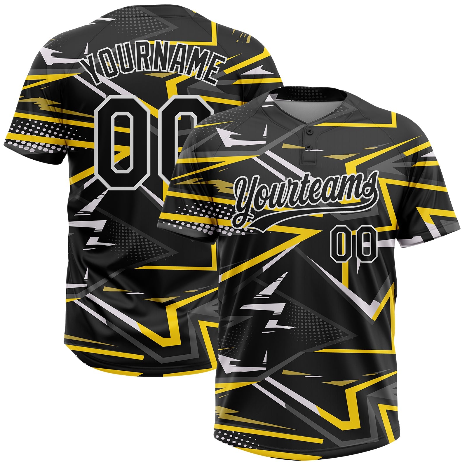 Custom Black Black-Gold 3D Pattern Two-Button Unisex Softball Jersey - Main View