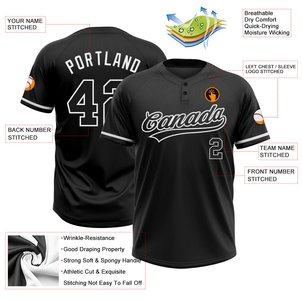 Custom Black Black-White Two-Button Unisex Softball Jersey view 3