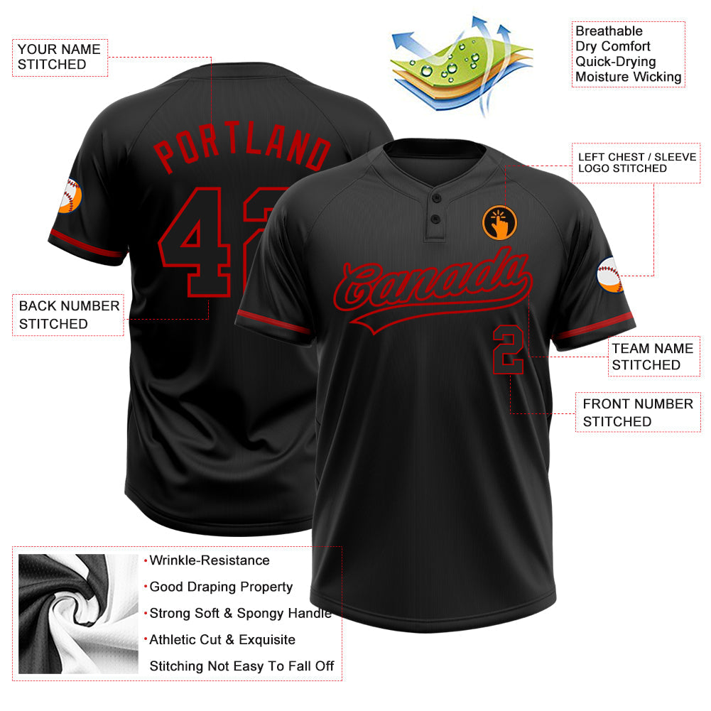 Custom Black Black-Red Two-Button Unisex Softball Jersey view 3