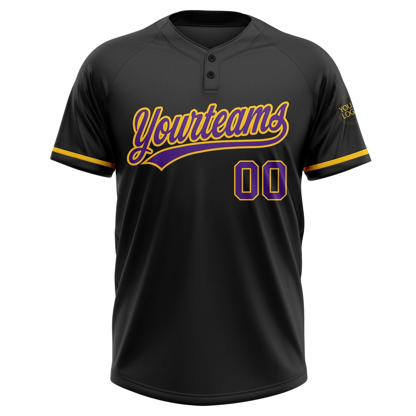 Custom Black Purple-Yellow Two-Button Unisex Softball Jersey view 2